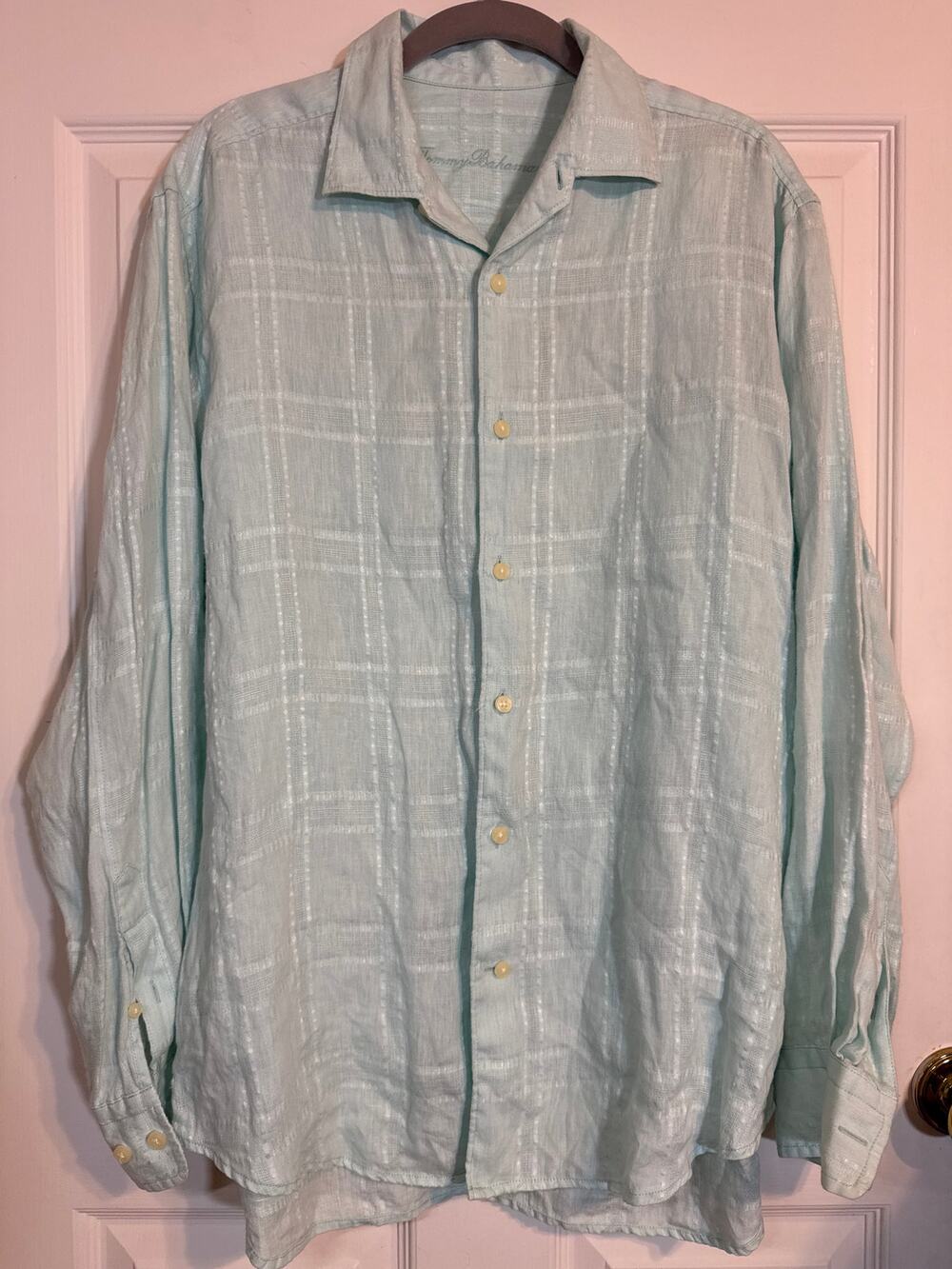 Tommy Bahama Men's Medium Light Blue Textured Plaid 100% Linen Camp Resort Shirt